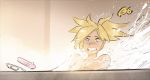  1girl bathing bathtub blonde_hair blue_eyes clenched_teeth commentary completely_nude constricted_pupils english_commentary i&#039;m_not_at_the_beach_this_is_a_bathtub long_hair mercy_(overwatch) nude overwatch parody partially_submerged ponytail psuede solo teeth water 