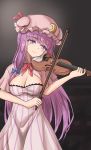  blue_bow blue_ribbon blush bow breasts capelet cowboy_shot crescent crescent_hair_ornament dress eyebrows_visible_through_hair hair_bow hair_ornament hat hat_ribbon highres instrument long_hair mob_cap music namiki_(remiter00) patchouli_knowledge playing_instrument purple_hair red_bow red_ribbon ribbon simple_background smile striped striped_dress touhou very_long_hair violet_eyes violin 