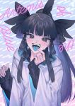  1girl artemis_of_the_blue bangs black_eyes black_hair blue_tongue blush character_name f_(f_gmmr2) indie_virtual_youtuber long_hair long_ponytail looking_at_viewer open_mouth ponytail sharp_teeth solo symbol_commentary teeth tongue tongue_out virtual_youtuber 