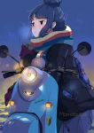  1girl bag black_eyes blue_hair cellphone clouds coat denim dusk gloves ground_vehicle hair_bun highres jacket jeans looking_to_the_side marmalade_(elfless_vanilla) motor_vehicle pants phone scarf shima_rin sidelocks sitting solo standing yurucamp 