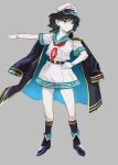  1girl :/ anchor_symbol belt black_belt black_footwear black_hair blush boots breasts buckle chamaruku coat coat_on_shoulders collarbone commentary_request eyelashes gloves gold_trim green_eyes grey_background hand_on_hip hat knees long_sleeves looking_to_the_side murasa_minamitsu red_neckwear sailor_collar sailor_hat sailor_shirt shirt short_hair short_sleeves shorts shoulder_pads simple_background small_breasts smile socks solo standing touhou touhou_gouyoku_ibun white_gloves white_shorts 