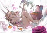  1girl animal_ears bare_legs barefoot blonde_hair blue_eyes breasts china_dress chinese_clothes daima_hmw dress eyebrows_visible_through_hair flower girls_frontline hairband hand_on_ear highres legs long_hair looking_at_viewer no_shoes open_mouth panties rabbit_ears solo suomi_kp31_(girls_frontline) tagme thighs underwear white_panties 
