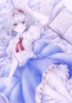  1girl alice_margatroid blue_eyes blue_skirt blush bob_cut colored_pencil_(medium) darkkanan graphite_(medium) hairband highres looking_at_viewer lying on_back short_hair skirt solo thigh-highs touhou traditional_media watercolor_(medium) white_hair white_legwear 