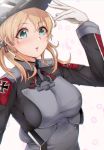  1girl aqua_eyes bangs blonde_hair blush eyebrows_visible_through_hair gloves grey_headwear hair_ornament hand_up hat iron_cross jewelry kantai_collection long_hair long_sleeves military military_hat military_uniform open_mouth parted_lips petals prinz_eugen_(kantai_collection) shohei_(piranha5hk) simple_background solo uniform white_background white_gloves 