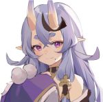  1girl bare_shoulders character_request horns japanese_clothes long_hair looking_at_viewer lowres mamemena mole mole_under_mouth oni_horns pointy_ears purple_hair smile solo violet_eyes 