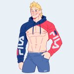  1boy abs absurdres alternate_costume bara bare_chest blonde_hair blue_eyes blush boku_no_hero_academia chest cropped_hoodie cropped_legs denim edie_crop_hoodie facial_hair feraltintinsimp flying_sweatdrops goatee highres hood hoodie jeans male_focus manly meme_attire muscle navel navel_hair nipples one_eye_closed pants pectorals revealing_clothes short_hair sideburns smile solo spiky_hair toogata_mirio 