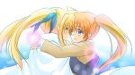  blonde_hair blue_eyes blush carrying clouds cloudy_sky couple eye_contact fate_testarossa flying happy kerorokjy long_hair looking_at_another lyrical_nanoha mahou_shoujo_lyrical_nanoha mahou_shoujo_lyrical_nanoha_a&#039;s orange_hair princess_carry red_eyes school_uniform side_ponytail simple_background sky smile takamachi_nanoha uniform very_long_hair yuri 