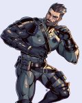  1boy alejandro_tio bandaid bandaid_on_nose bara beard black_bodysuit bodysuit brown_hair chest commission facial_hair feet_out_of_frame gloves harness jewelry male_focus muscle navel navel_hair necklace original short_hair solo thighs 