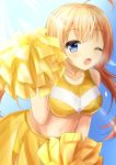  1girl blonde_hair blue_eyes blue_sky breasts cheerleader highres large_breasts light_rays long_hair looking_at_viewer midriff navel one_eye_closed original peraplus0112 pom_poms sky solo sunbeam sunlight twintails 