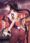  1girl animal_ears ass back bangs black_hair black_leotard black_rock_shooter black_rock_shooter_(character) blue_eyes blush breasts bunny_tail fake_animal_ears highleg highleg_leotard highres leotard long_hair looking_at_viewer m-da_s-tarou open_mouth rabbit_ears strapless strapless_leotard tail thighs twintails 