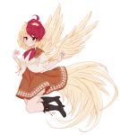  1girl absurdres animal_on_head bird bird_on_head bird_wings black_footwear blonde_hair blush boots capelet chick closed_mouth commentary_request eyebrows_visible_through_hair feathered_wings full_body highres jumping looking_at_viewer medium_hair multicolored_hair niwatari_kutaka on_head orange_skirt puffy_short_sleeves puffy_sleeves red_eyes red_neckwear redhead shanghaidoll shirt short_sleeves simple_background skirt smile solo tail_feathers touhou two-tone_hair white_background white_shirt wily_beast_and_weakest_creature wings 