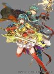  1boy 1girl aqua_eyes aqua_hair armor bangs boots bracelet breastplate cape closed_mouth commentary_request company_connection company_name earrings eirika_(fire_emblem) elbow_gloves ephraim_(fire_emblem) fingerless_gloves fire_emblem fire_emblem:_the_sacred_stones fire_emblem_cipher gloves glowing glowing_weapon grey_background holding holding_sword holding_weapon jewelry leg_up long_hair looking_at_viewer official_art polearm red_footwear shiny shiny_hair short_hair shoulder_armor skirt smile spear sword thigh-highs thigh_boots wada_sachiko weapon white_skirt zettai_ryouiki 