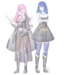 2girls belt blue_eyes blue_hair blue_legwear boots byleth_(fire_emblem) byleth_eisner_(female) byleth_eisner_(female)_(cosplay) closed_eyes closed_mouth clothing_cutout cosplay costume_switch crossed_arms fire_emblem fire_emblem:_three_houses garreg_mach_monastery_uniform high_heels highres hilda_valentine_goneril hilda_valentine_goneril_(cosplay) lissatrashart long_hair multiple_girls navel_cutout open_mouth pantyhose pink_hair simple_background thigh-highs twintails twitter_username uniform white_background 