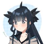  1girl artemis_of_the_blue artist_name black_eyes black_hair bright_pupils commission ear_piercing english_commentary h1m3r1n indie_virtual_youtuber long_hair looking_down piercing ponytail second-party_source shark_fin solo twitter_username virtual_youtuber white_pupils 