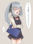  1girl black_ribbon clipboard closed_eyes commentary_request cosplay crossed_arms dress grey_background grey_hair hair_ribbon hikaru_(gamer_mh_hikaru) kantai_collection kasumi_(kantai_collection) long_hair long_sleeves neck_ribbon open_mouth pinafore_dress red_ribbon remodel_(kantai_collection) ribbon round_teeth shirt side_ponytail simple_background solo standing teeth translation_request upper_teeth white_shirt 