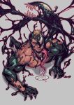  1boy alejandro_tio bara bare_chest blonde_hair character_request chest facial_hair highres long_tongue male_focus marvel monster muscle open_mouth saliva sexually_suggestive sharp_teeth short_hair slime solo spider-man_(series) stubble teeth tongue tongue_out venom_(marvel) 
