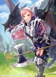  1girl axe bangs battle_axe cherche_(fire_emblem) day dragon fire_emblem fire_emblem_awakening fire_emblem_cipher hairband holding holding_weapon lips long_hair looking_at_viewer matsurika_youko official_art outdoors pink_hair red_eyes solo weapon wyvern 