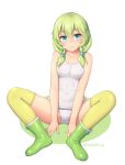  1girl bare_arms bare_shoulders blue_eyes boots closed_mouth covered_navel eyebrows_visible_through_hair full_body green_footwear kaeru_(sasaame) looking_at_viewer low_twintails one-piece_swimsuit original rubber_boots sasaame school_swimsuit sitting solo spread_legs swimsuit thigh-highs twintails twitter_username white_background white_swimsuit yellow_legwear 