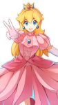  1girl bangs blonde_hair blue_eyes commentary_request crown dress earrings elbow_gloves eyebrows_visible_through_hair gloves hair_between_eyes hand_up highres jewelry long_hair looking_at_viewer super_mario_bros. miyama-san open_mouth pink_dress princess_peach shiny shiny_hair smile solo teeth tongue v 