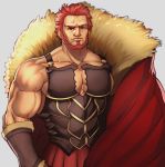  1boy alex_(cerealex) bara bare_shoulders beard bracer breastplate cape cleavage_cutout clothing_cutout cowboy_shot facial_hair fate/grand_order fate/zero fate_(series) fur-trimmed_cape fur_trim iskandar_(fate) leather male_focus manly muscle red_cape red_eyes redhead short_hair solo veins 