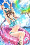  1girl amiya_(arknights) animal_ears aqua_bikini aqua_bow arknights armpits arms_up bangs bare_shoulders bikini blue_sky bow chinese_commentary clouds commentary_request day feet_out_of_frame flower hair_between_eyes hair_bow hair_flower hair_ornament innertube looking_at_viewer navel one_eye_closed palm_tree parted_lips partial_commentary rabbit_ears ryuu32 sidelocks sitting sky solo stomach swimsuit thighs tree water water_drop white_flower 