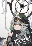 1girl absurdres ahoge arknights bangs character_name dated eyebrows_visible_through_hair goggles goggles_on_head grey_background highres holding holding_staff hood long_hair pointy_ears siguma_(13238772100) silver_hair solo staff tail tomimi_(arknights) upper_body yellow_eyes
