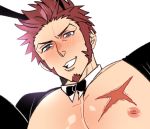 1boy animal_ears bara bare_chest blue_eyes blush bow bowtie brown_hair chako_nejio chest chest_scar close-up crossdressinging detached_collar face facial_hair fake_animal_ears fate/grand_order fate_(series) goatee male_focus male_playboy_bunny meme_attire muscle napoleon_bonaparte_(fate/grand_order) nipples playboy_bunny rabbit_ears reverse_bunnysuit reverse_outfit scar short_hair sideburns smirk solo upper_body white_background