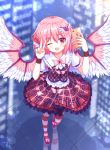  1girl ;d alternate_costume bird_wings bow feathers hair_ornament highres holding holding_phone hollow_song_of_birds looking_at_viewer miniskirt mystia_lorelei one_eye_closed open_mouth phone pink_bow pink_eyes pink_footwear pink_hair plaid plaid_skirt puffy_short_sleeves puffy_sleeves red_skirt red_vest reflection shirt shoes short_sleeves skirt skirt_set smile solo standing striped thigh-highs tilt_gyx touhou v vest white_shirt wings wristband 