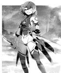  1girl bandaged_arm bandages breasts cleavage_cutout clothing_cutout commentary_request dagger dual_wielding facial_scar fate/apocrypha fate_(series) floating_swords gloves glowing glowing_eye greyscale hand_wraps highres holding holding_dagger holding_weapon ishida_akira jack_the_ripper_(fate/apocrypha) lowleg lowleg_panties monochrome navel neck_tattoo panties reverse_grip scar scar_across_eye scar_on_cheek shaded_face short_hair shoulder_tattoo single_glove small_breasts solo tattoo thigh-highs underwear weapon 