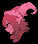  1girl black_background copyright_request curled_horns highres horizontal_pupils horns medium_hair monochrome pointy_ears red_theme scarf simple_background smile solo ssambatea 