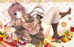  1girl absurdres apron asakura_otome beige_legwear blue_berry blue_eyes blush boots bow brown_hair brown_shirt brown_skirt cake commentary_request cookie cupcake da_capo da_capo_ii doughnut eyebrows_visible_through_hair finger_to_cheek food fruit hair_between_eyes hair_bow hair_intakes heart highres kayura_yuka knee_up long_hair long_sleeves looking_at_viewer one_eye_closed open_hand shirt skirt smile solo strawberry thigh-highs 