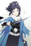  1boy black_hair blue_eyes bow hair_bow hakama haori highres ieiieiiei japanese_clothes katana male_focus mole mole_under_eye ponytail scarf sheath shinsengumi smile sword touken_ranbu weapon white_scarf yamato-no-kami_yasusada 