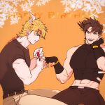  2boys abs bare_shoulders battle_tendency beige_pants blonde_hair blue_eyes brown_hair brown_pants caesar_anthonio_zeppeli chest couple covered_abs covered_nipples facial_mark feathers feet_out_of_frame fingerless_gloves gloves green_eyes hair_feathers headband highres jojo_no_kimyou_na_bouken joseph_joestar_(young) male_focus midriff multiple_boys nail_polish pants sleeveless smirk yan_(scp_wboc) younger 
