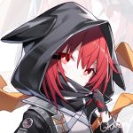  1girl arknights bangs black_gloves black_jacket chinese_commentary commentary_request crownslayer_(arknights) eyebrows_visible_through_hair gloves hair_between_eyes head_tilt hood hooded_jacket jacket kurisu_tina looking_at_viewer red_eyes redhead short_hair solo upper_body zoom_layer 