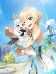  2girls absurdres bare_shoulders blonde_hair blue_sky carrying clouds day dress female_traveler_(genshin_impact) genshin_impact grass highres hug huge_filesize long_sleeves multiple_girls one_eye_closed open_mouth outdoors paimon_(genshin_impact) sky sleeveless sleeveless_dress smile statue thigh-highs thinny062541 tree vambraces wet white_dress white_hair wide_sleeves yellow_eyes 