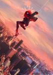  1boy black_shirt city cityscape clouds fingerless_gloves foxboros gloves greyscale highres hood mask miles_morales monochrome red_footwear shirt shoes sky sneakers solo spider-man:_into_the_spider-verse spider-man_(series) 
