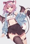  1girl :d animal_ear_fluff animal_ears bare_shoulders bat_ears bat_wings black_choker black_legwear black_shorts blue_jacket choker collared_shirt cowboy_shot crop_top crop_top_overhang demon_tail extra_ears fang frilled_shorts frills gradient_hair grey_background highres holding_tail horns iriam jacket long_sleeves looking_at_viewer midriff multicolored_hair navel off_shoulder open_clothes open_jacket open_mouth pink_hair pointy_ears red_eyes sakuma_miku sapphire_(sapphire25252) shirt short_hair short_shorts shorts sidelocks simple_background single_thighhigh sleeveless sleeveless_shirt smile solo stomach streaked_hair suspenders tail thigh-highs thigh_strap virtual_youtuber white_shirt wings 