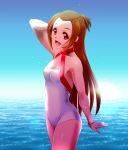  1girl asada_okina bangs beach brown_hair dokidoki!_precure half_updo looking_at_viewer madoka_aguri ocean older one-piece_swimsuit open_mouth precure red_eyes sky smile solo standing swimsuit 