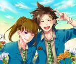  1boy 1girl :d ;) bangs blue_jacket blue_sky blunt_bangs braid brown_hair chidouin_sara closed_eyes day ear_piercing flower green_neckwear hair_ornament hairclip hamster hisayo_pic jacket kimi_ga_shine long_hair necktie one_eye_closed open_mouth outdoors piercing ponytail school_uniform sky smile spiky_hair tazuna_joe upper_body 