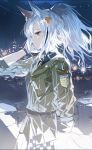  1girl alchemaniac animal_ears arknights bangs cityscape commentary cowboy_shot dress grani_(arknights) grey_dress highres long_hair long_sleeves night night_sky outdoors parted_lips silver_hair sky solo symbol_commentary violet_eyes 