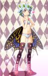  1girl antennae bare_arms bare_shoulders black_legwear black_wings blue_bra blue_hair blue_panties boots bra breasts brown_eyes butterfly_wings chima_q eternity_larva full_body heart heart_print highres leaf leaf_on_head navel panties pink_footwear polka_dot polka_dot_bra polka_dot_panties small_breasts solo standing stomach thigh-highs touhou underwear underwear_only wings 
