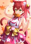 absurdres ahoge animal_ears bell blush breasts cat_ears cherry_blossom_print eyebrows_visible_through_hair floral_print food food_in_mouth green_eyes hair_bell hair_ornament hairclip highres hololive leaf looking_at_viewer paw_pose pink_hair sakura_miko sideboob starkamisan taiyaki virtual_youtuber wagashi x_hair_ornament 