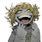  1girl :d blonde_hair boku_no_hero_academia double_bun fangs fingernails hands_up highres monochrome open_mouth pointy_ears simple_background sleeves_past_wrists slit_pupils smile solo spot_color ssambatea sweater toga_himiko tongue tongue_out upper_teeth white_background yellow_eyes yellow_theme 