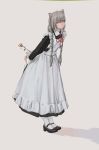  1girl 981483268 absurdres alternate_costume animal_ears apron bent_over blonde_hair braid cat_ears enmaided flat_chest grey_hair highres maid maid_apron maid_dress maid_headdress original pantyhose shoes simple_background solo standing twintails white_legwear 