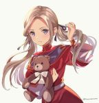 1girl brown_hair closed_mouth edelgard_von_hresvelg fire_emblem fire_emblem:_three_houses hair_ribbon holding holding_stuffed_toy long_hair long_sleeves misu_kasumi ribbon simple_background solo stuffed_animal stuffed_toy teddy_bear twintails twitter_username upper_body violet_eyes younger 