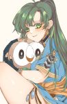  1girl earrings fingerless_gloves fire_emblem fire_emblem:_the_blazing_blade from_side gen_7_pokemon gloves green_eyes green_hair highres jewelry long_hair looking_to_the_side lyn_(fire_emblem) octoboo parted_lips pokemon pokemon_(creature) ponytail rowlet short_sleeves simple_background 