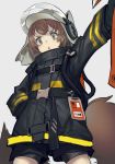  1girl animal_ears_helmet animal_helmet arknights axe black_gloves black_jacket black_shorts brown_eyes brown_hair commentary_request cowboy_shot fire_axe fire_helmet fire_jacket firefighter fixro2n gloves grey_background grey_headwear hand_in_pocket highres jacket long_sleeves outstretched_arm parted_lips shaw_(arknights) short_shorts shorts simple_background solo squirrel_girl squirrel_tail standing tail thick_eyebrows triangle_mouth v-shaped_eyebrows 