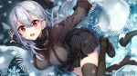  1girl alternate_costume arms_at_sides artist_name between_breasts black_legwear breasts casual hair_between_eyes hakase_fuyuki jewelry large_breasts long_hair looking_at_viewer necklace nijisanji scarf shoes silver_hair solo thigh-highs virtual_youtuber 