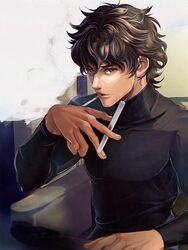  1boy black_shirt bokujpjp brown_eyes brown_hair cigarette collarbone eyelashes fingers holding kai_(mukoubuchi) light_smile looking_at_viewer mahjong male_focus mukoubuchi shirt sitting smoke smoking solo tenbou tight_shirt turtleneck wavy_hair 