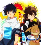  1boy 1girl bangs baseball_cap black_hair brown_eyes brown_hair closed_mouth commentary_request eevee eyelashes gen_1_pokemon gotcha! gotcha!_boy_(pokemon) gotcha!_girl_(pokemon) hat highres hinata_(ryohinata) holding holding_pokemon jacket long_hair long_sleeves looking_at_viewer pikachu pokemon pokemon_(creature) short_sleeves smile teeth tied_hair zipper 